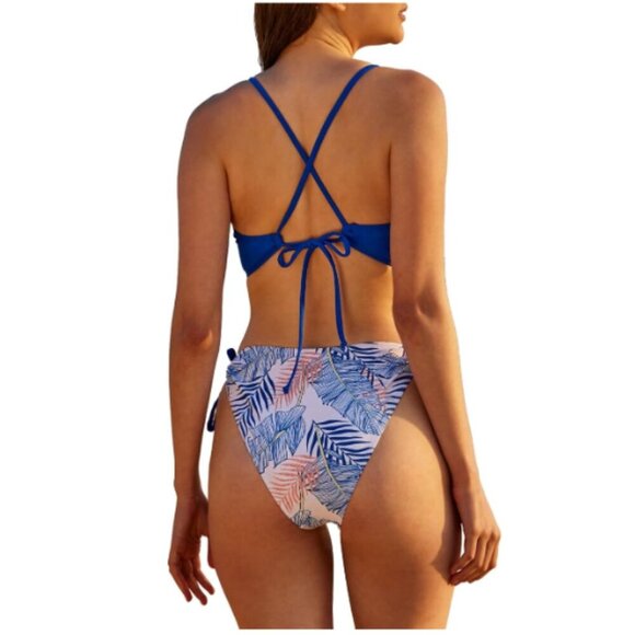 Jollkichay High Waisted Side Tie Bikini Twisted Front Top Blue Floral Medium NW - Picture 5 of 10